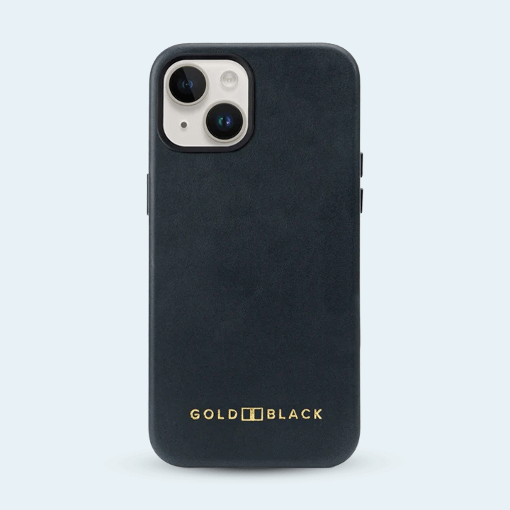 Gold Black Leather Case with MagSafe For iPhone 15 - Luxe Blue