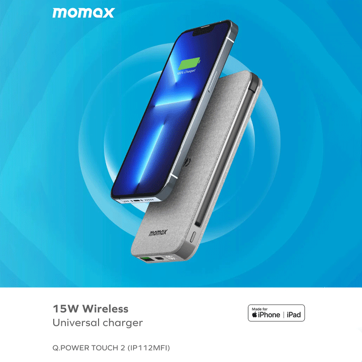 Momax Q-Power Touch LCD with Cable (Fast Charger) Wireless Charger Powerbank IP112MFIA - Grey