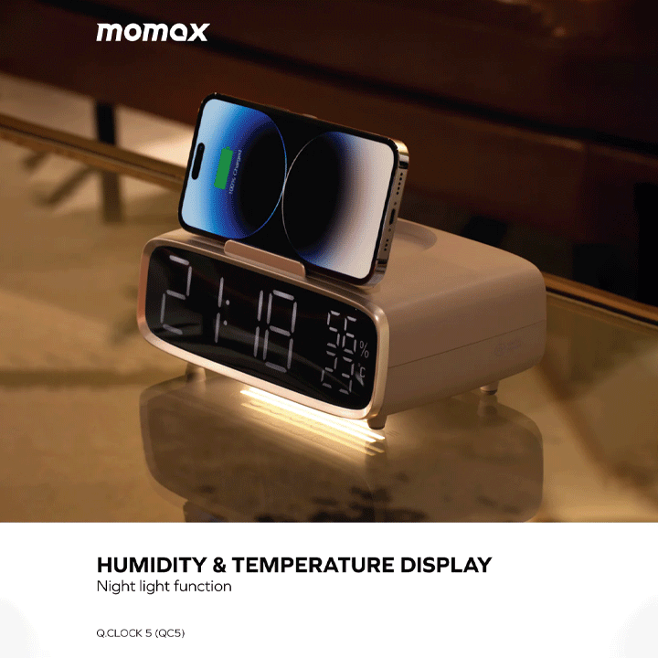 Momax Q.Clock 3 Digital Clock with Wireless Charger QC5W - White