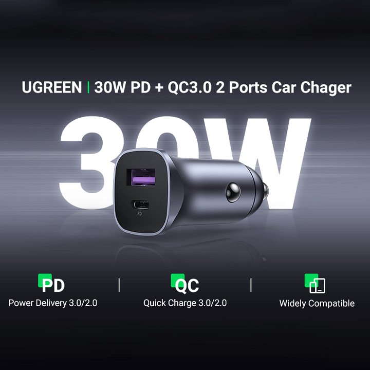 Ugreen Car Charger 30W USB-A + USB-C Dual Port Car PD 3.0/QC 3.0 Charger - Grey
