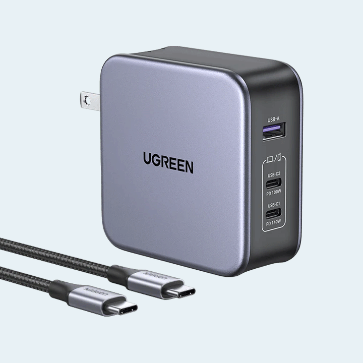 Ugreen USB-A + 2 USB-C 140W GaN Tech Fast Charger with C to C Cable 1.5m - Grey