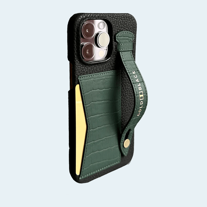 Gold Black iPhone 14 Pro Max Slim Leather Case Croco Embossing Green with Card Holder and Strap