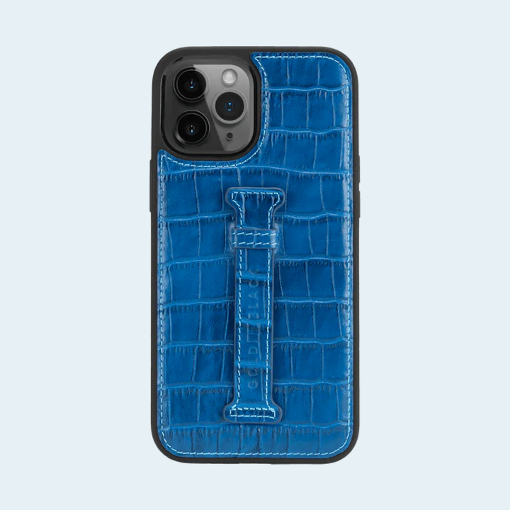 GOLD BLACK FINGER HOLDER CASE FOR IPHONE 12 PRO MAX 6.7 INCH-CROCO BLUE