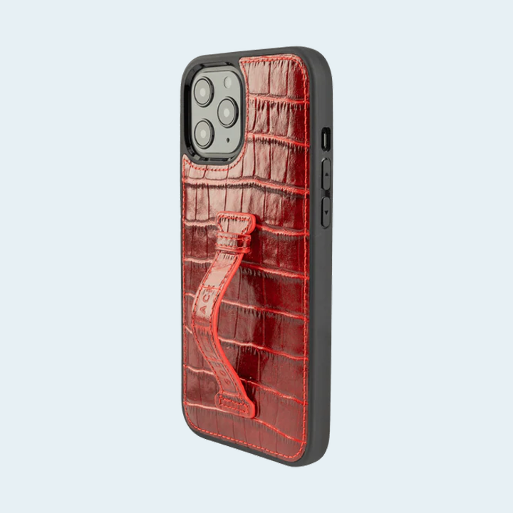 GOLD BLACK FINGER HOLDER CASE FOR IPHONE 12 PRO MAX 6.7 INCH-CROCO RED