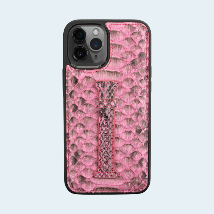 GOLD BLACK FINGER HOLDER CASE FOR IPHONE 12 PRO MAX (6.7 INCH) PYTHON FUCHSIA PINK