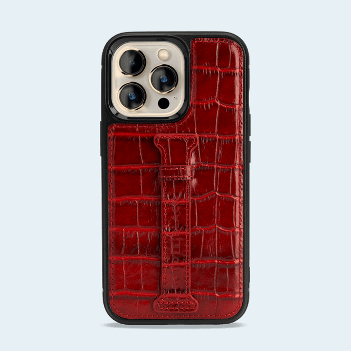 Gold Black Apple iPhone 13 Pro Leather Case With Finger Holder - Croco Red