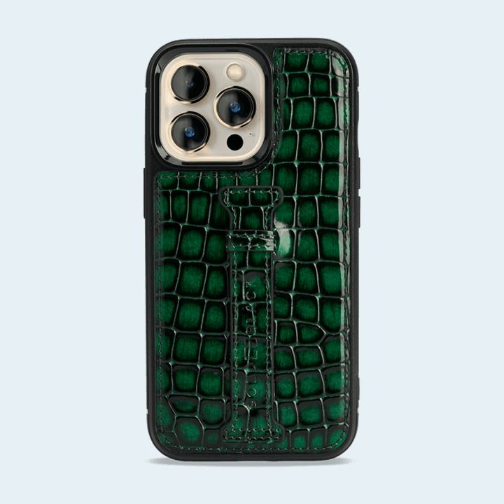 Gold Black Apple iPhone 13 Pro Leather Case With Finger Holder - Milano Green