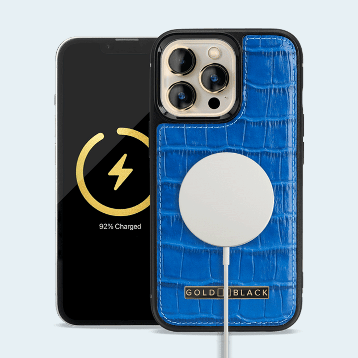 Gold Black Apple iPhone 13 Pro MagSafe Leather Case - Croco Blue