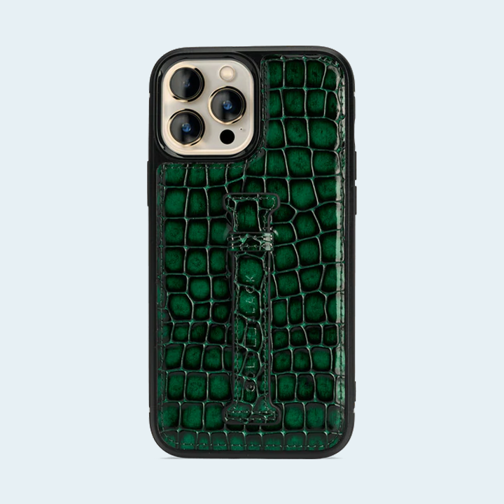 Gold Black Apple iPhone 13 Pro Max Leather Case With Finger Holder - Milano Green