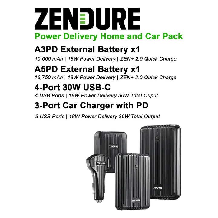 Zendure PD Home and Car Pack (A3PD + A5PD + 4 Port 30W + 3Port PD Car Charger) - Black