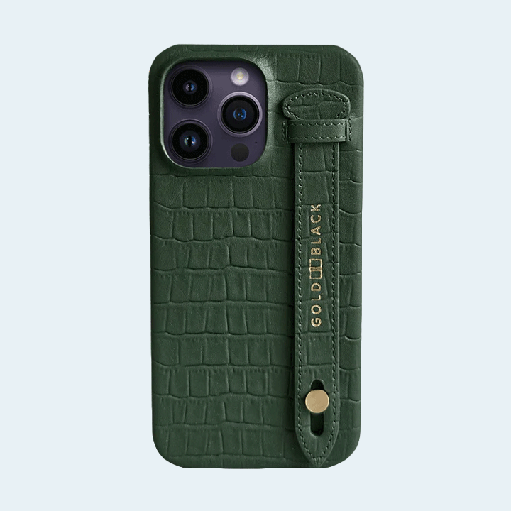 Gold Black iPhone 14 Pro Max Slim Leather Case Croco Embossing Green with Finger Loop