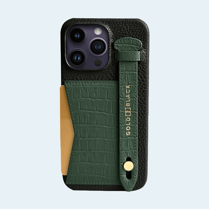 Gold Black iPhone 14 Pro Max Slim Leather Case Croco Embossing Green with Card Holder and Strap