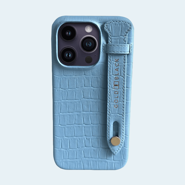 Gold Black iPhone 14 Pro Slim Leather Case Croco Embossing Light Blue with Finger Loop