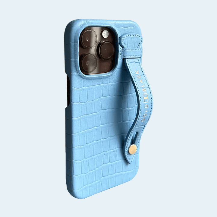 Gold Black iPhone 14 Pro Slim Leather Case Croco Embossing Light Blue with Finger Loop
