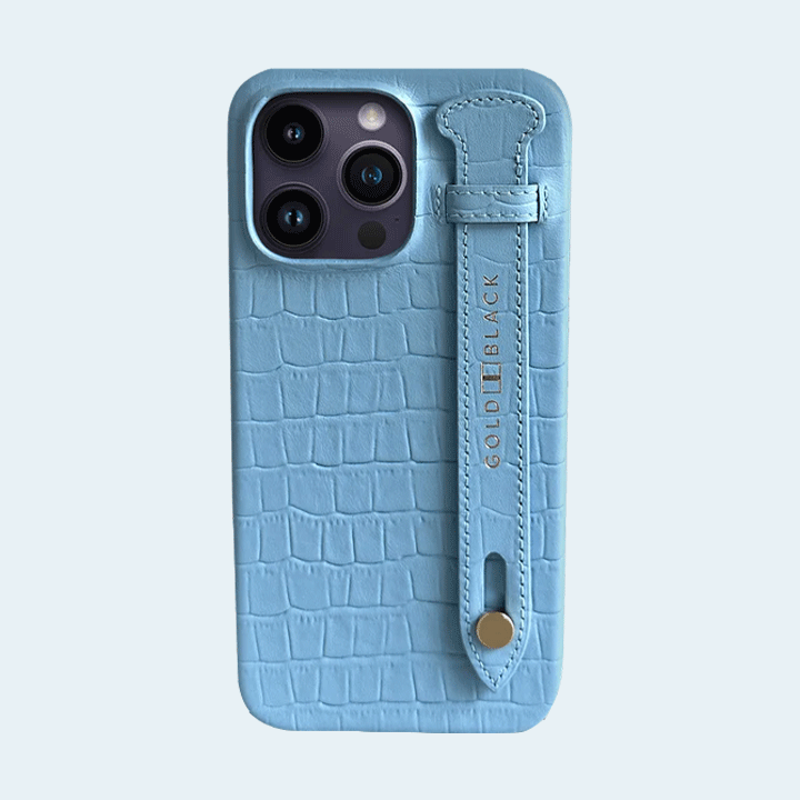 Gold Black iPhone 14 Pro Max Slim Leather Case Croco Embossing Light Blue with Finger Loop