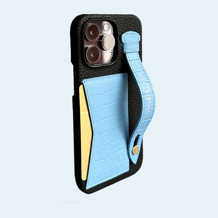 Gold Black iPhone 14 Pro Max Slim Leather Case Croco Embossing Light Blue with Card Holder and Strap