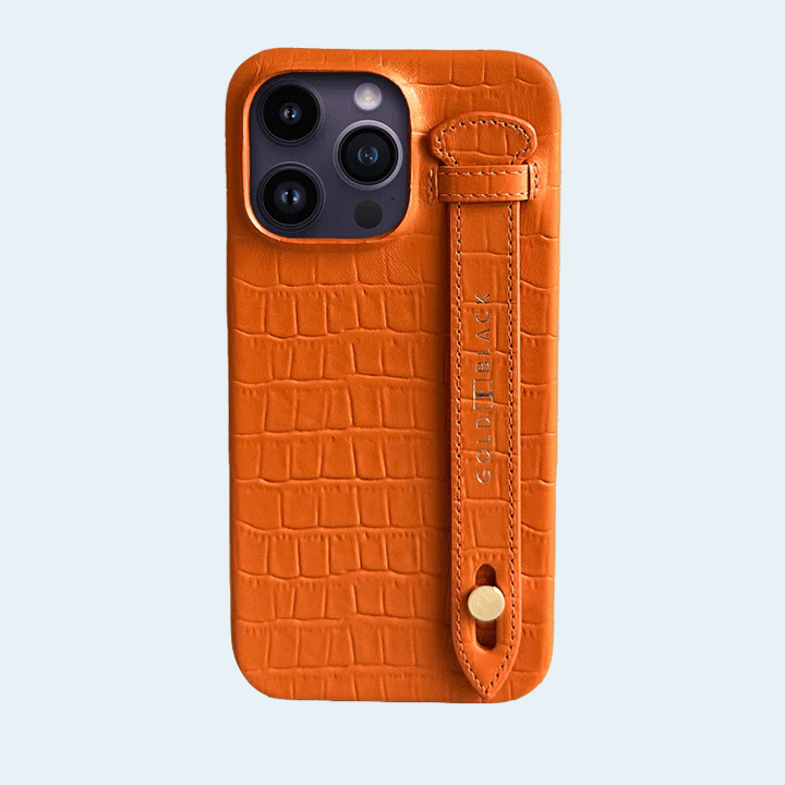 Gold Black iPhone 14 Pro Max Slim Leather Case Croco Embossing Orange with Finger Loop