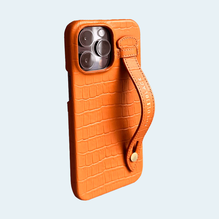 Gold Black iPhone 14 Pro Max Slim Leather Case Croco Embossing Orange with Finger Loop