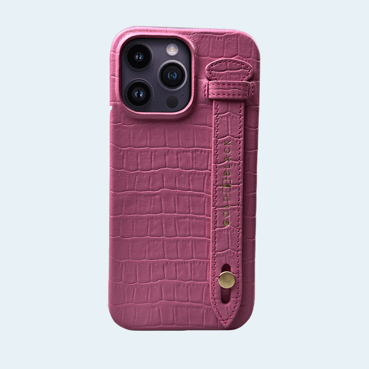 Gold Black iPhone 14 Pro Max Slim Leather Case Croco Embossing Pink with Finger Loop