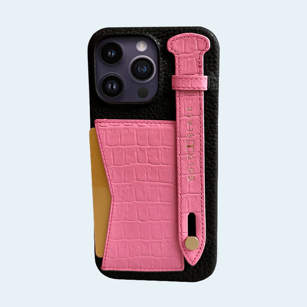 Gold Black iPhone 14 Pro Max Slim Leather Case Croco Embossing Pink with Card Holder and Strap