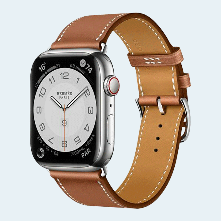 Buy Apple Watch Hermes Series 7 GPS + Cellular 45mm Silver Stainless Steel  Case with Gold Single Tour - Phonebooth.Qa