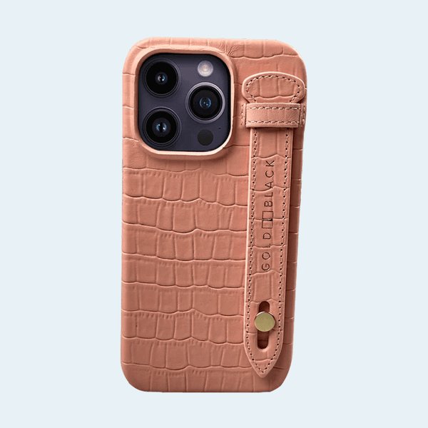 Gold Black iPhone 14 Pro Max Slim Leather Case Croco Embossing Salmon Pink with Finger Loop